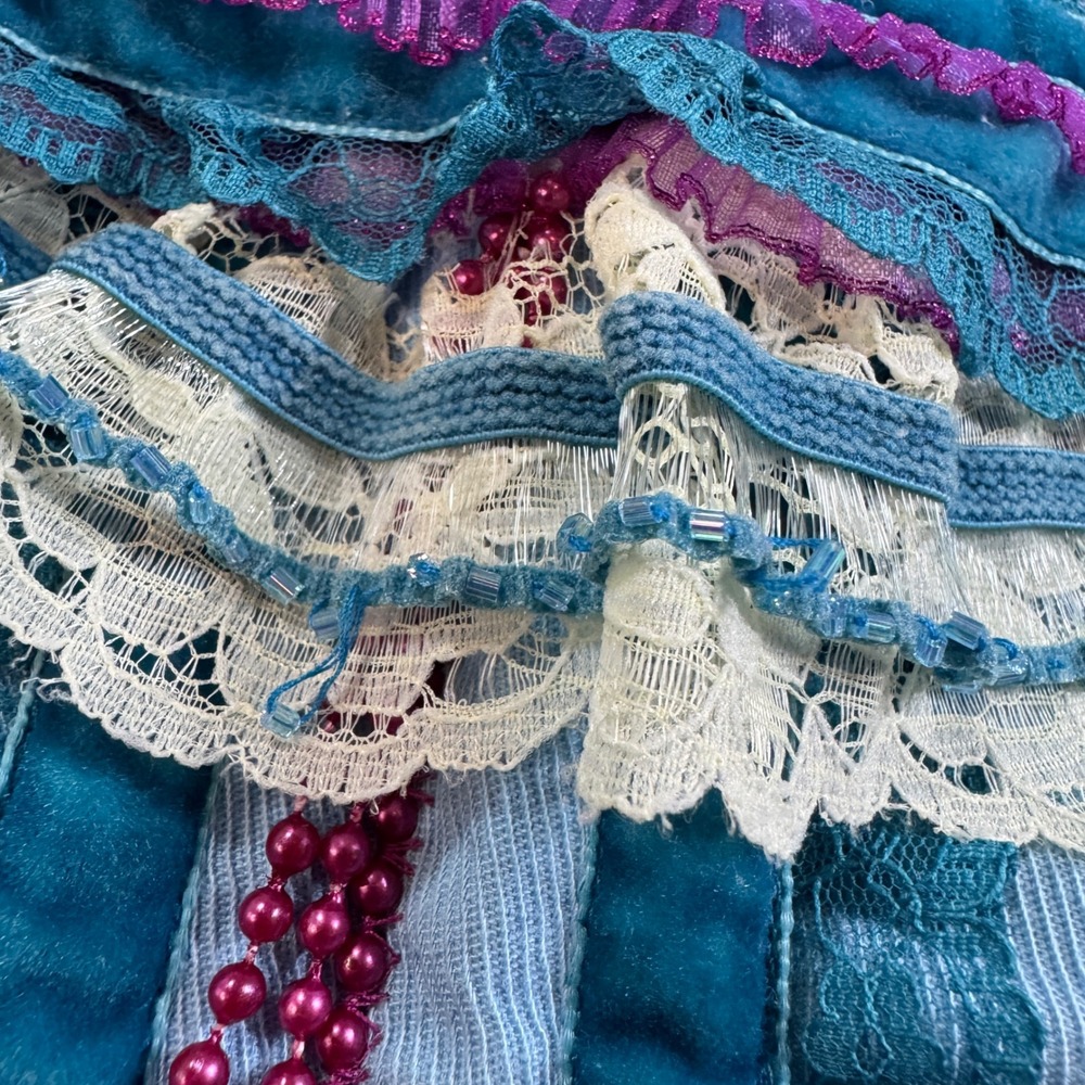 Handmade Boho Corset Halter Top Blue Corduroy Lace Floral Embellished Whimsigoth - Picture 3 of 8